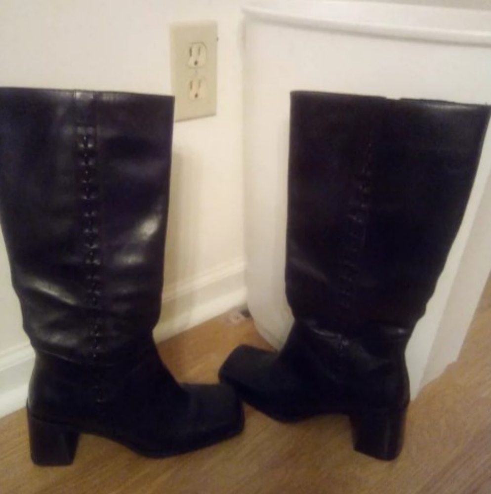 Annie Brazilian Leather Square Toe Boots – Black, Size 7, Y2K Style, Mid-Calf